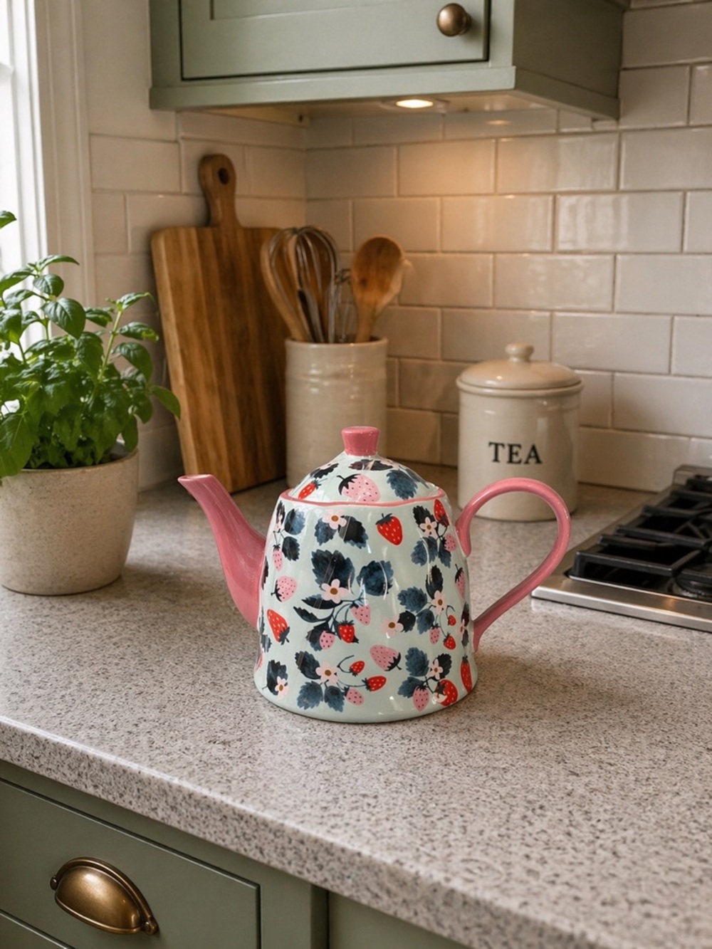 Strawberry Pattern Teapot with Pink Handle